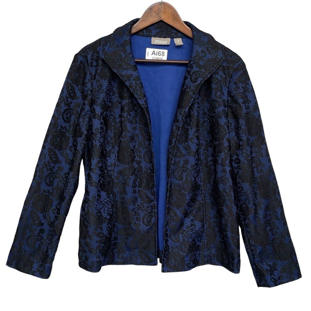 Chicos Open Front Lace Overlay Jacket Cobalt Blue Black Floral Size 2 Large